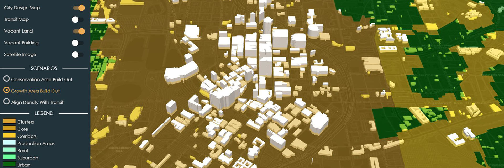 Screen shot of a 3D rendering of an urban landscape.