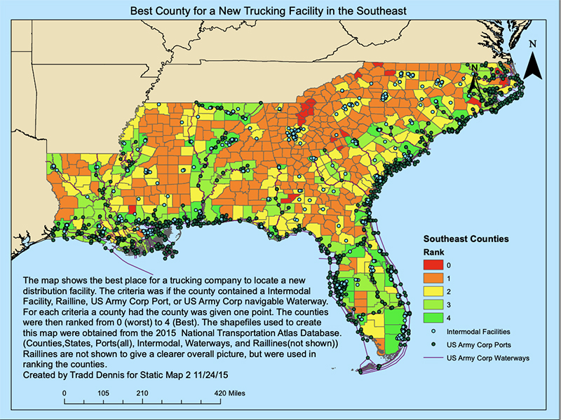 Example of student work includes a map of the Southeastern US