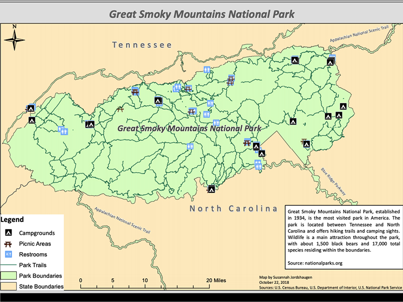 Example of student work includes a map of the Great Smoky Mountains National Park.