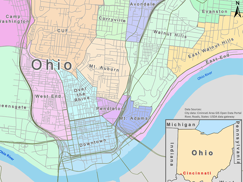 Example of student work includes a map of Cincinnati, Ohio.