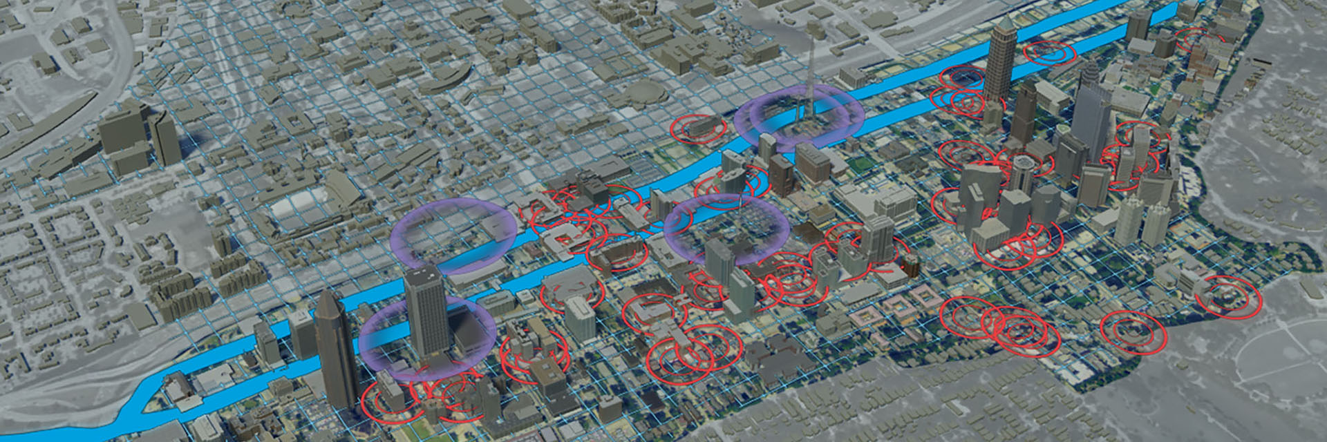 A screen shot of a 3D model of an urban area.