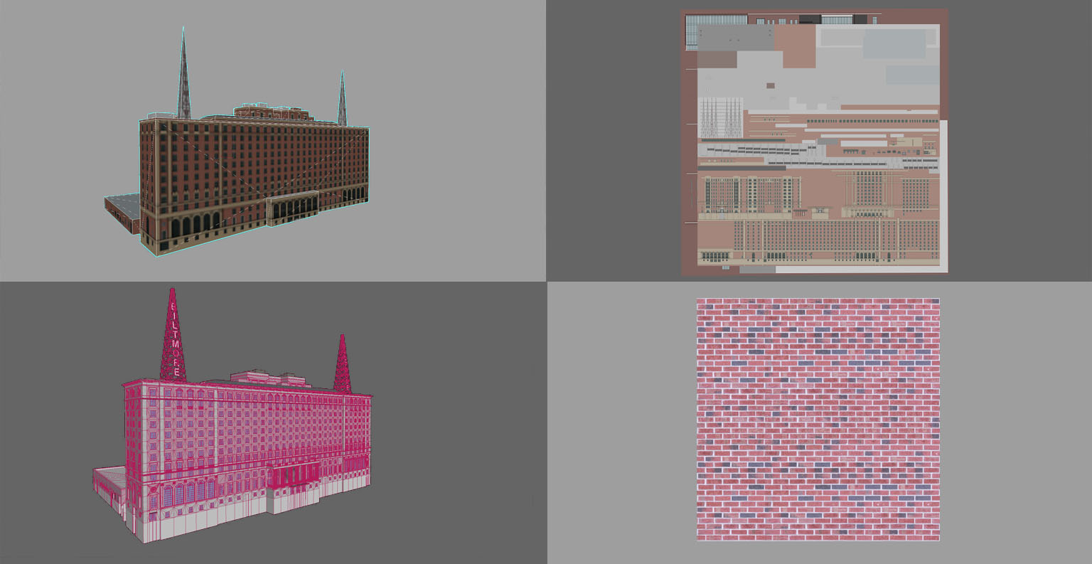 Different views of the same 3D model of the biltmore hotel 