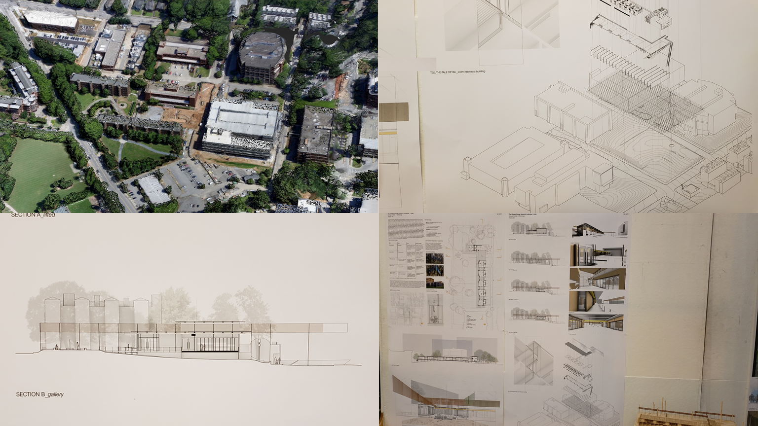aerial view of the site and architectural drawings 