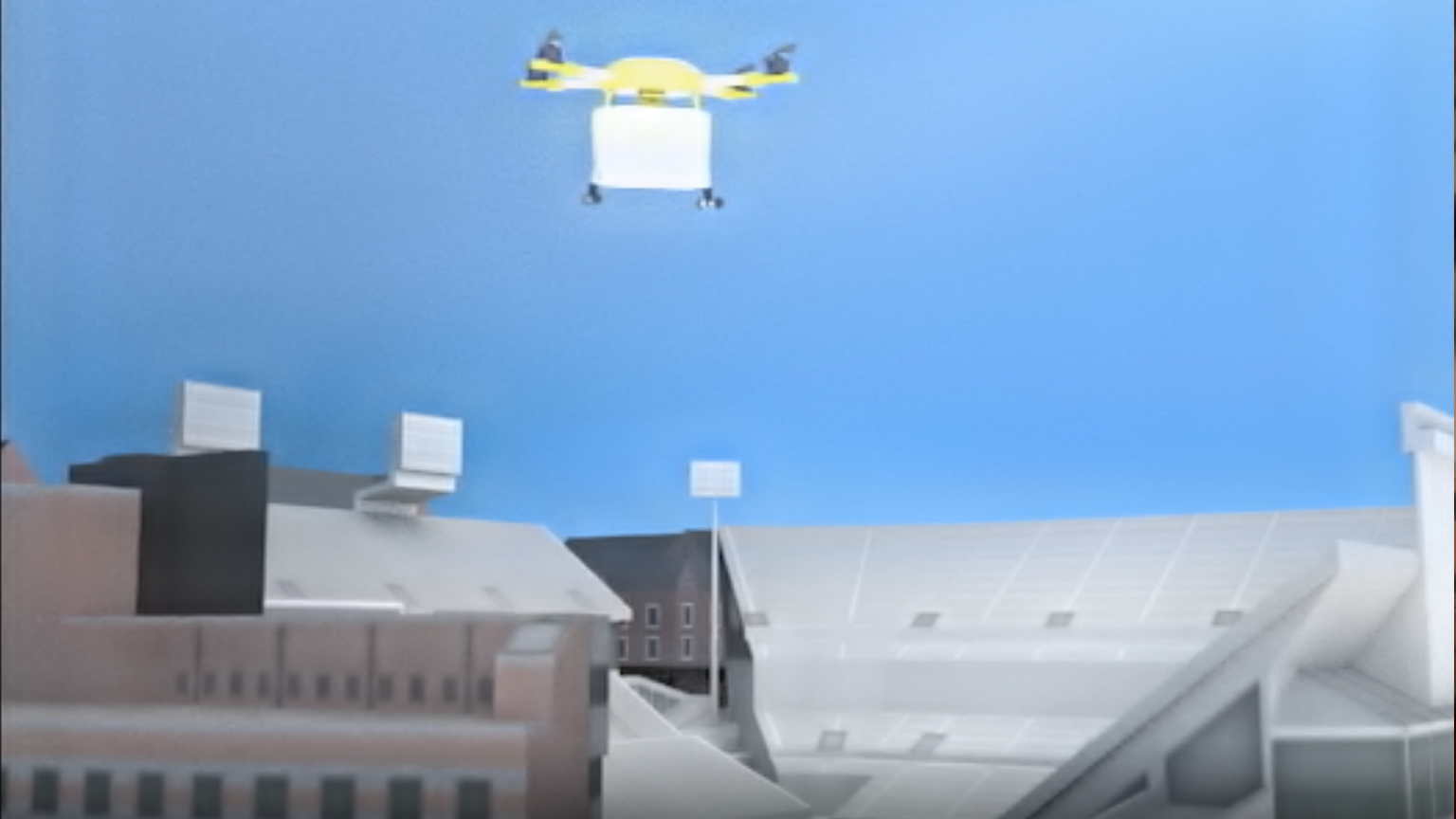 Render of a drone flying over the GT stadium 