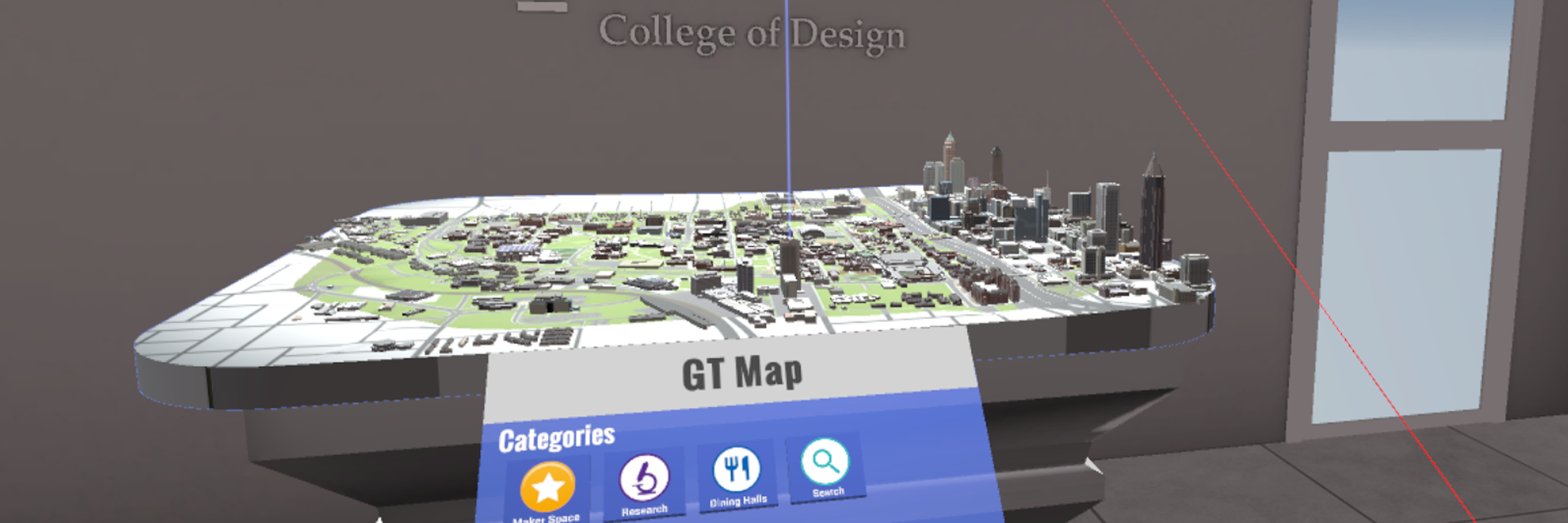 screenshot of a small model of the campus in VR 