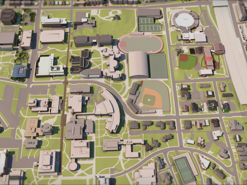 A rendering of a suburban neighborhood with parks, homes, and a baseball diamond.